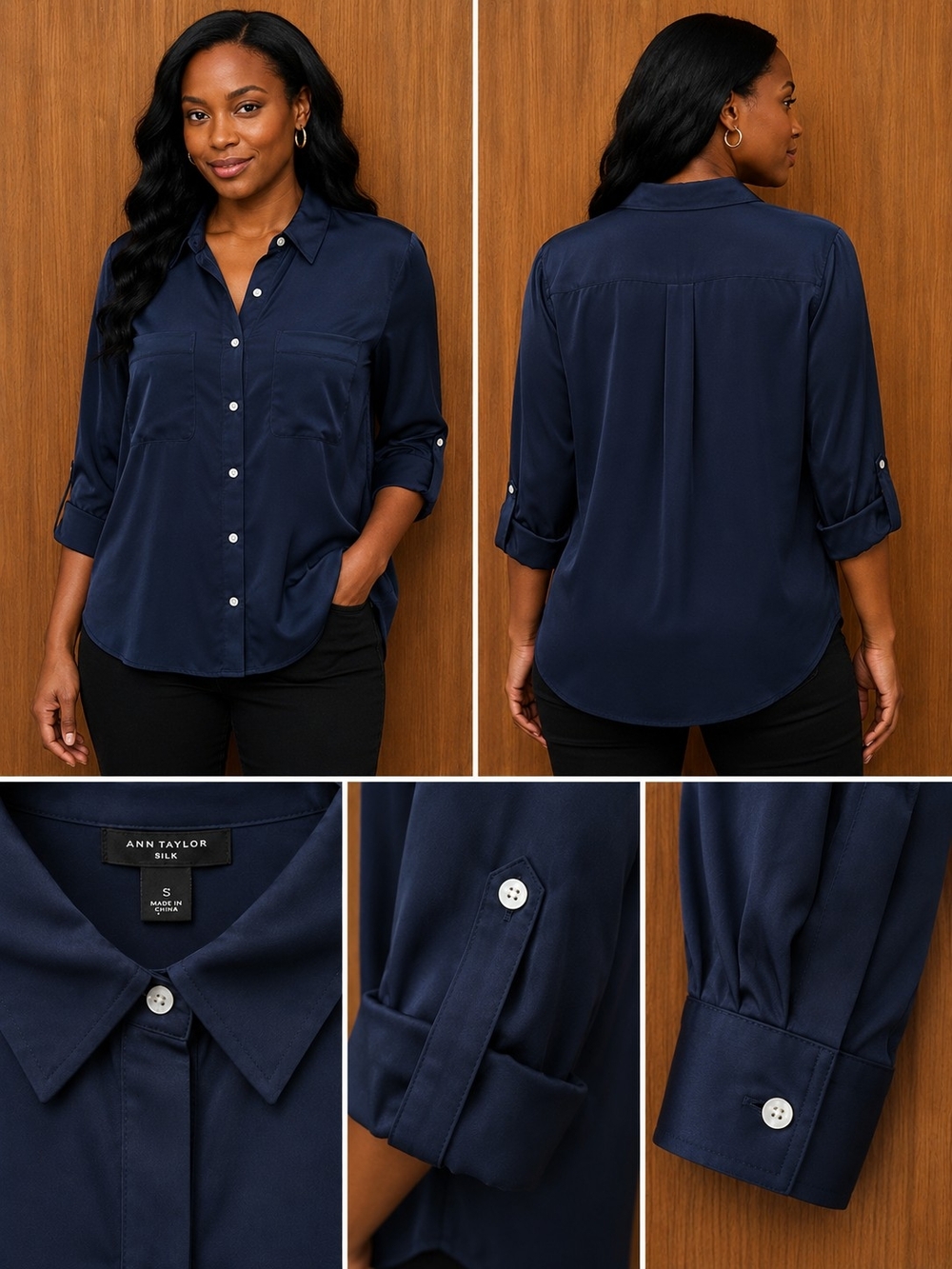 Ann Taylor Navy Silk Button-Down Blouse